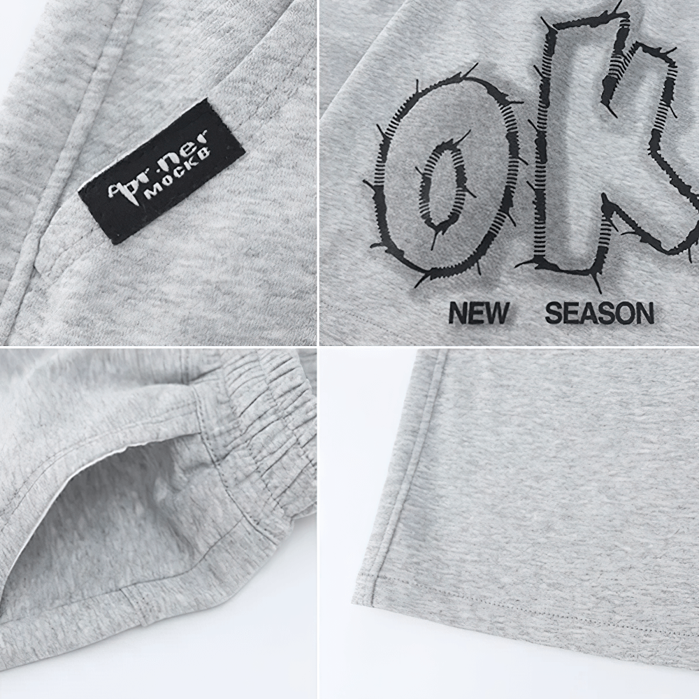 Close-up details of Kids Baggy Cotton Shorts with Graphic Print - SF3891 in grey, showing graphic design, elastic waistband, and soft fabric texture.