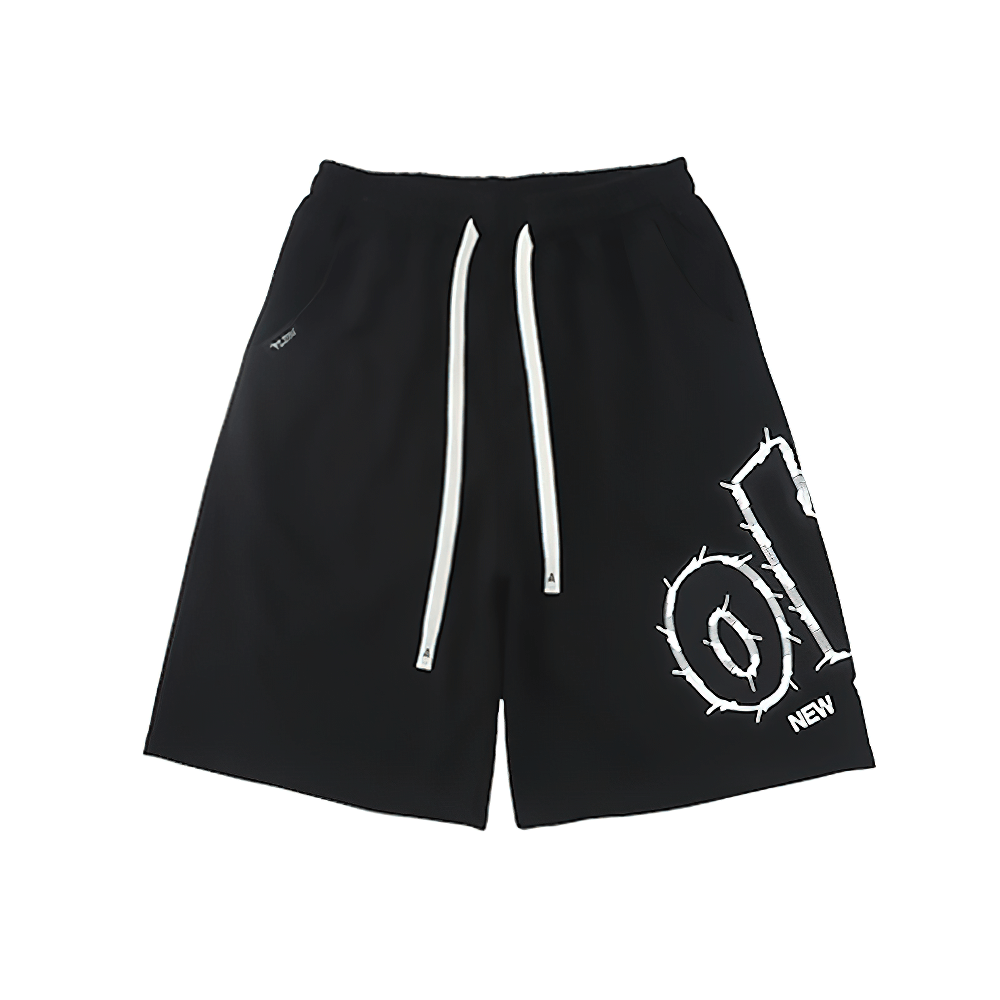 Kids Baggy Cotton Shorts with Graphic Print - SF3891, black shorts with white letters and long drawstrings, ideal for casual wear