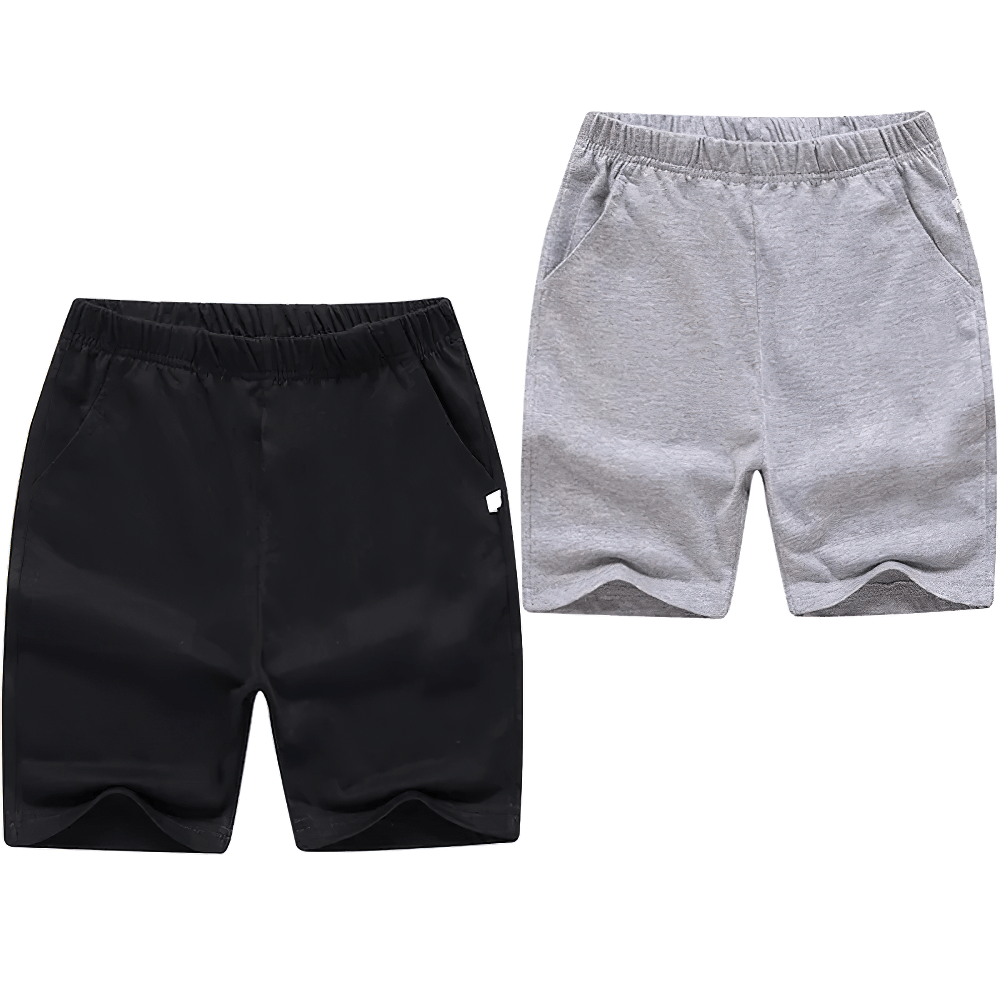 Kids Basic Elastic Waistband Cotton Shorts - SF3820 in black and grey with side pockets, perfect for casual wear and sports activities.
