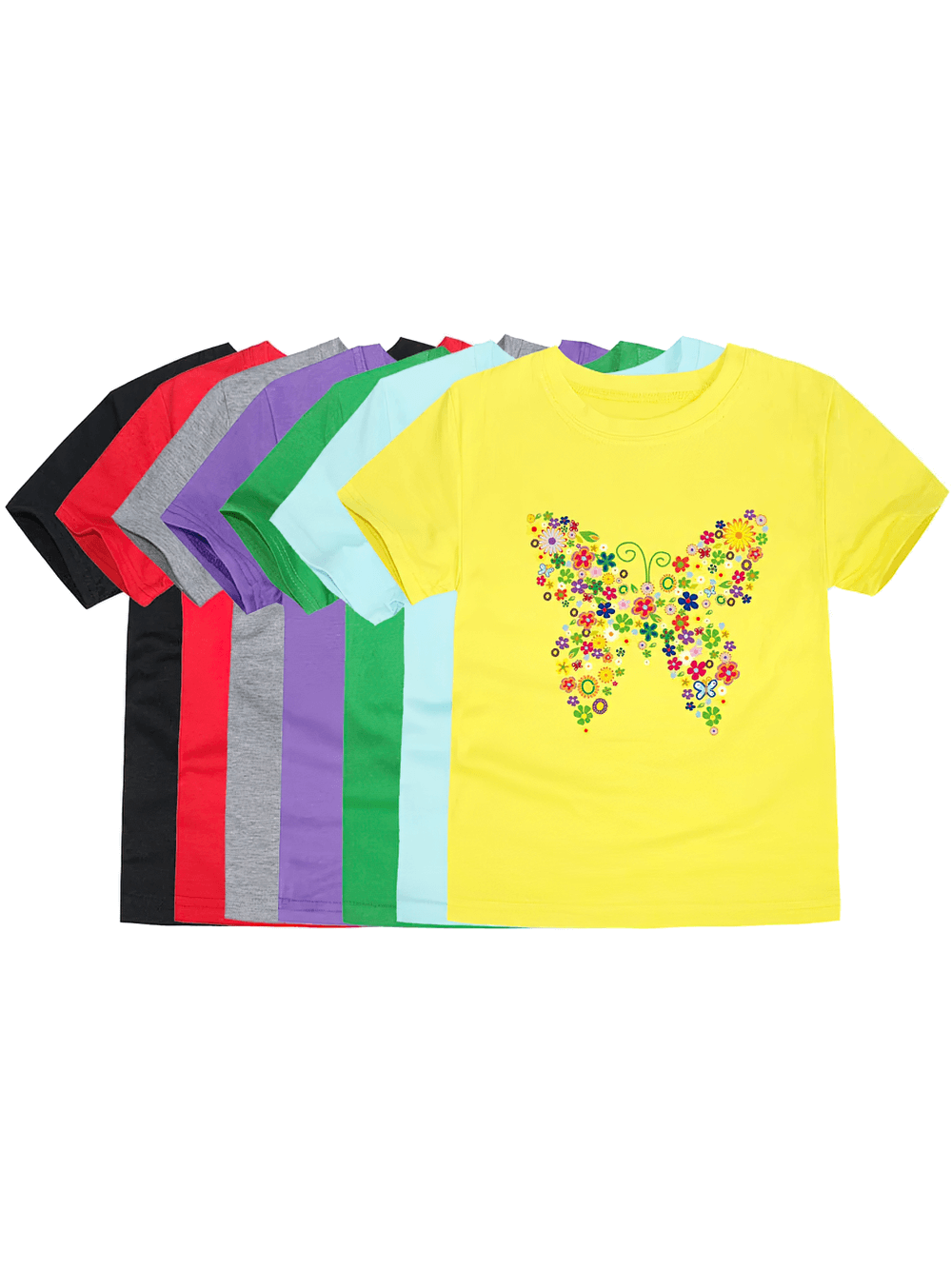Kids Butterfly Graphic Cotton T-Shirt - SF3752 in various vibrant colors with floral butterfly design.