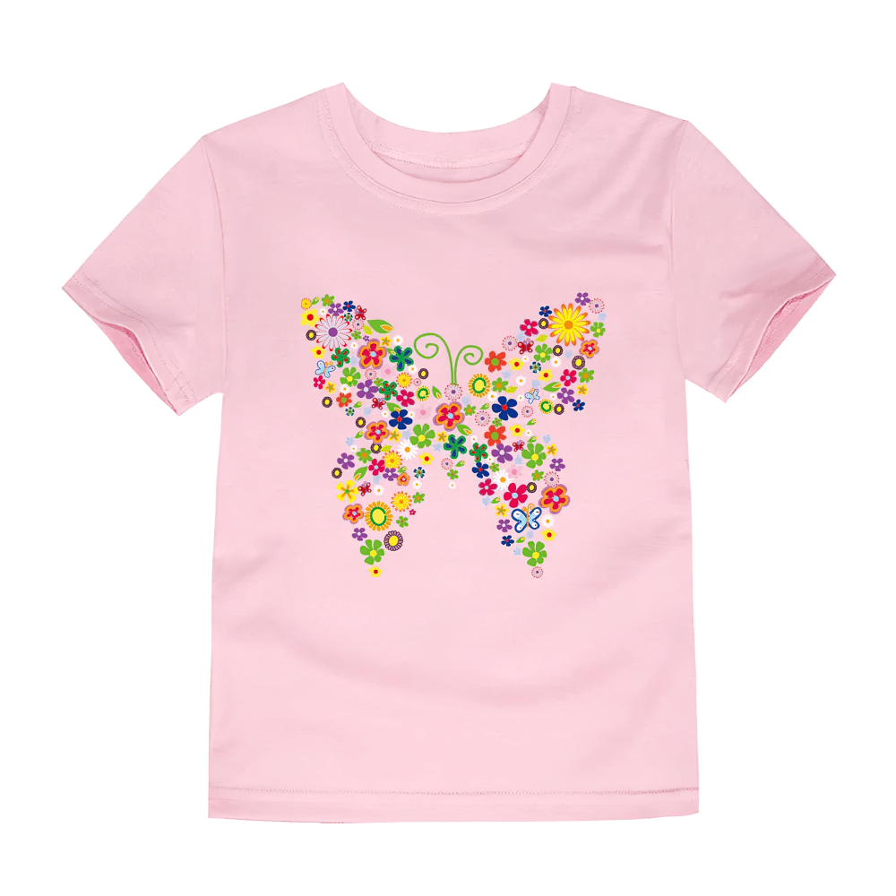 Kids Butterfly Graphic Cotton T-Shirt - SF3752 with vibrant flower butterfly design on pink fabric, perfect for playful kids' wardrobe.