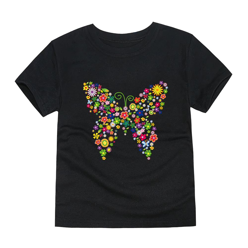Kids Butterfly Graphic Cotton T-Shirt - SF3752 with vibrant floral butterfly design on black fabric.