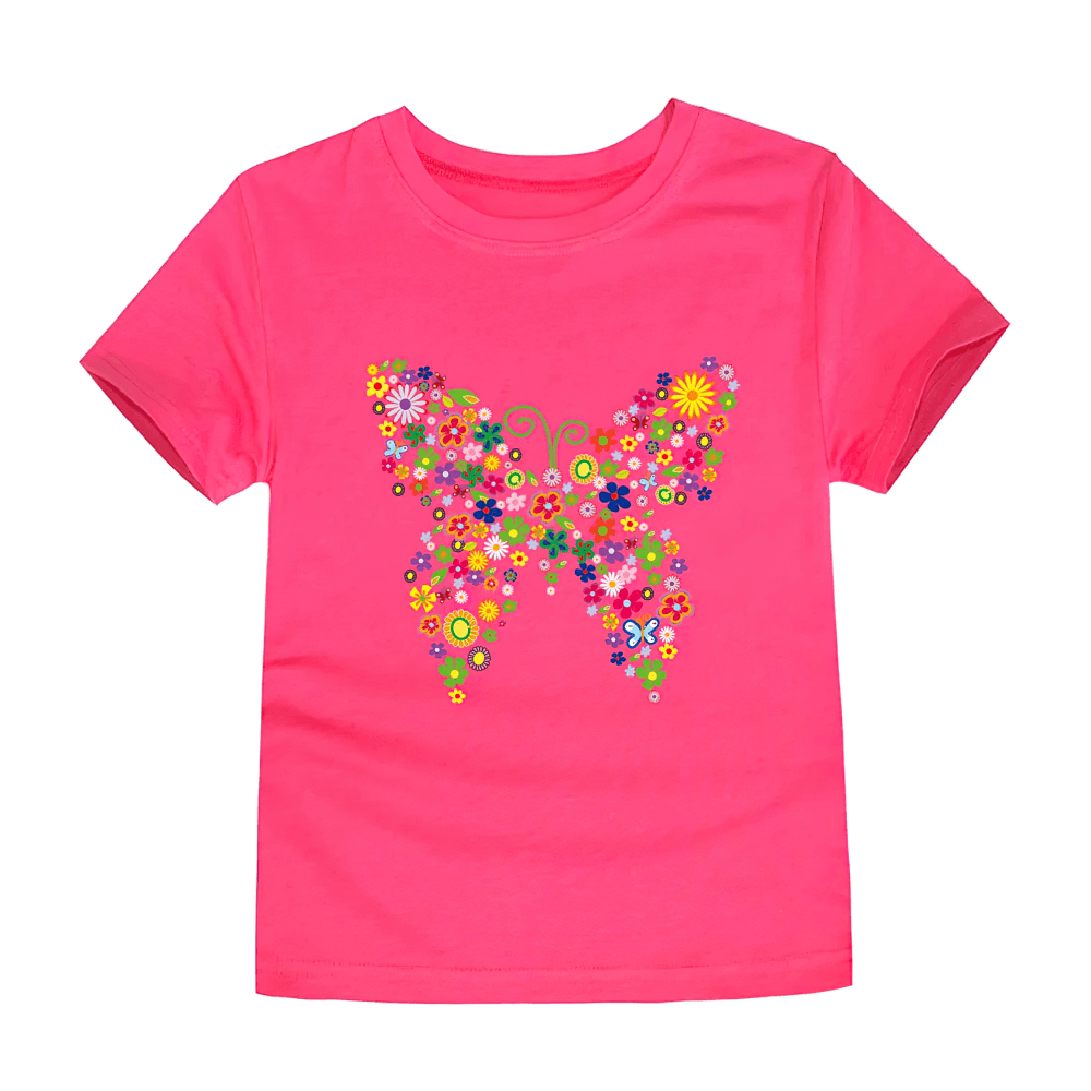 Kids Butterfly Graphic Cotton T-Shirt - SF3752 in vibrant pink with colorful flower butterfly design for fun kids' fashion.