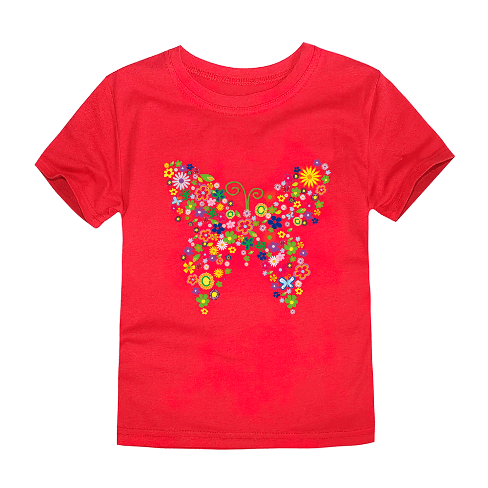 Kids Butterfly Graphic Cotton T-Shirt - SF3752 with vibrant flower butterfly design in red, perfect for playful kids' style.
