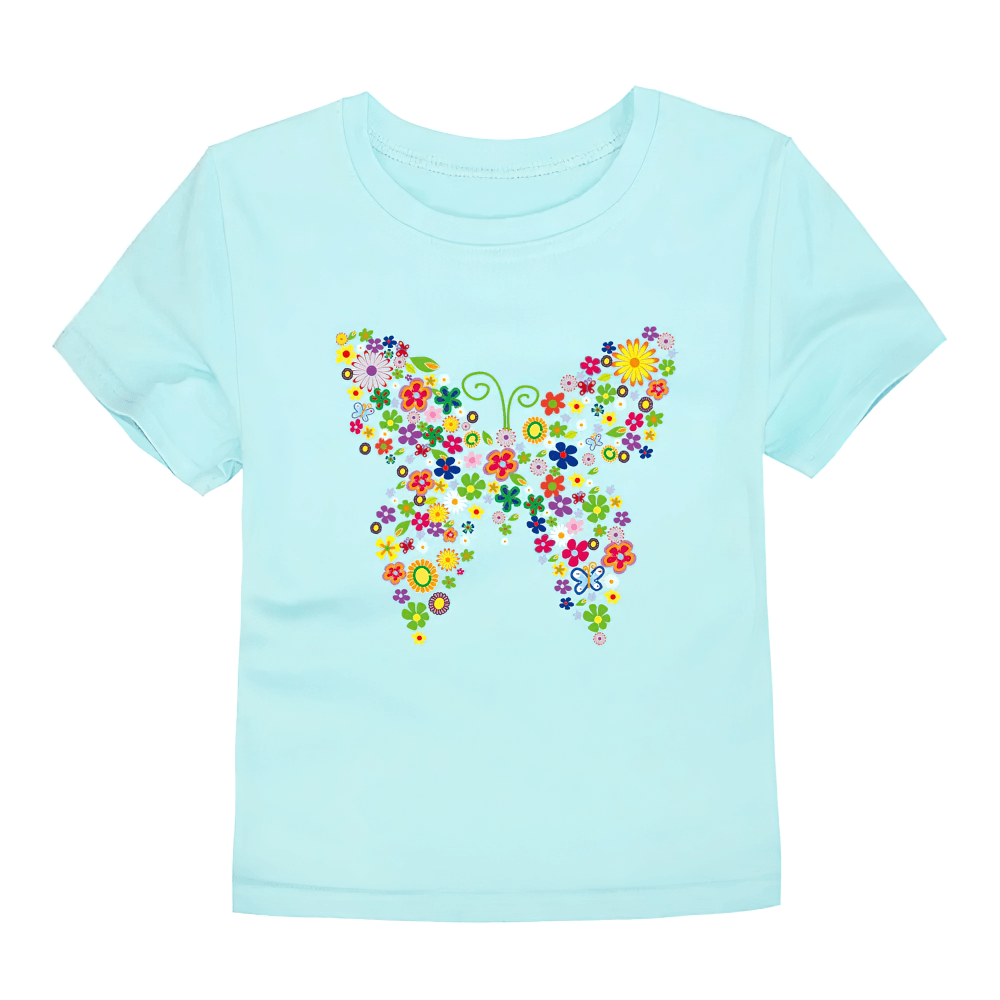 Kids Butterfly Graphic Cotton T-Shirt - SF3752 with colorful flower butterfly design on a light blue background