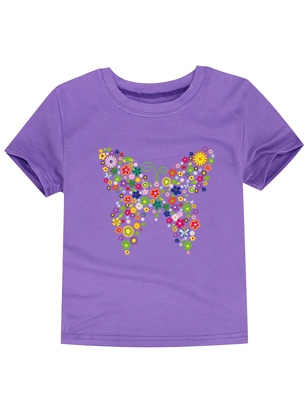 Kids Butterfly Graphic Cotton T-Shirt - SF3752 in purple with a colorful floral butterfly design.