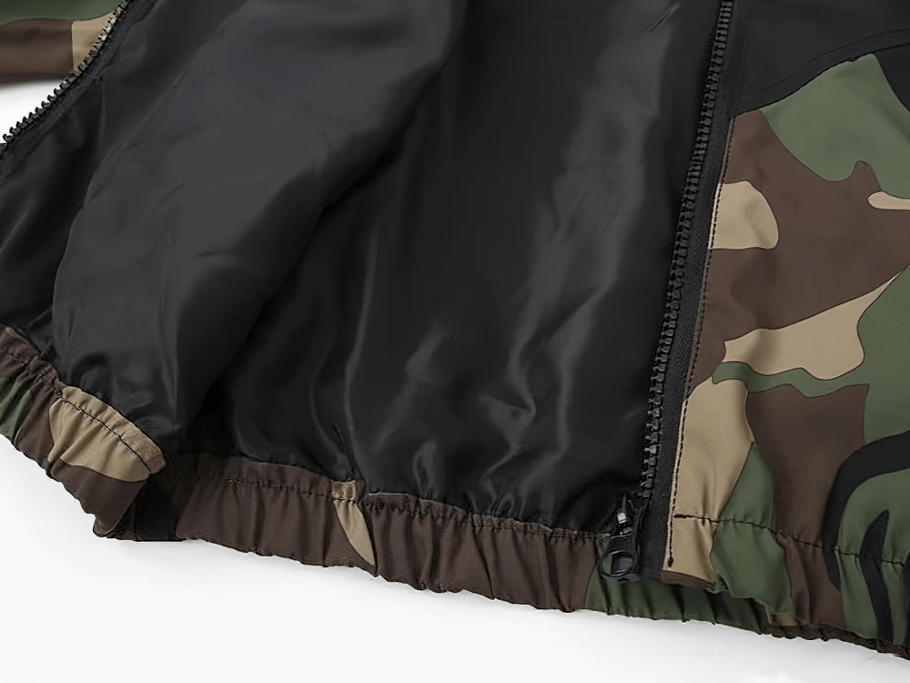 Close-up of Kids Camouflage Hooded Windbreaker Jacket - SF3642 showing interior and zipper detail, perfect for winter wear with padded warmth.