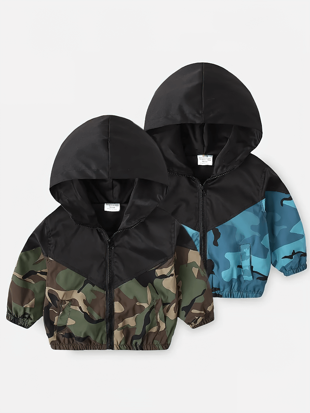Kids Camouflage Hooded Windbreaker Jacket - SF3642 in green and blue options with padded design and hood, perfect for winter warmth.