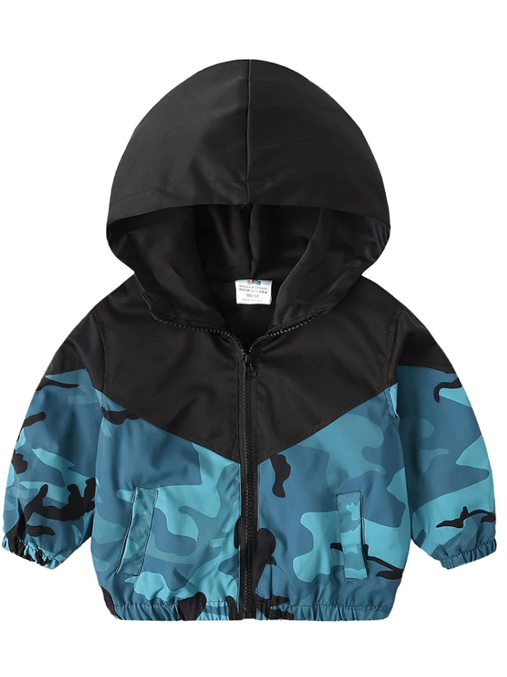 Kids Camouflage Hooded Windbreaker Jacket - SF3642, boys' padded winter coat with hood, blue and black camouflage design.