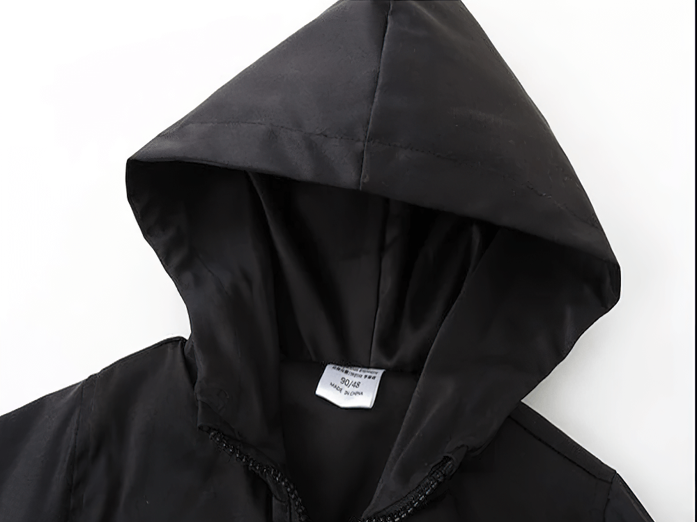 Close-up of Kids Camouflage Hooded Windbreaker Jacket - SF3642 showing padded black hood with zipper detail for reliable winter protection.