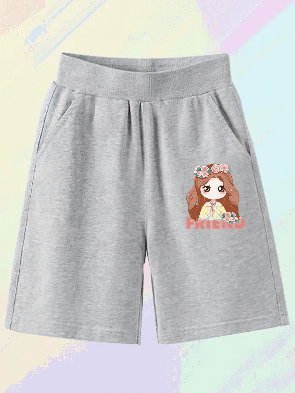 Gray Kids' Cartoon Shorts with Pocket Detail - SF3833 featuring cute character print and 