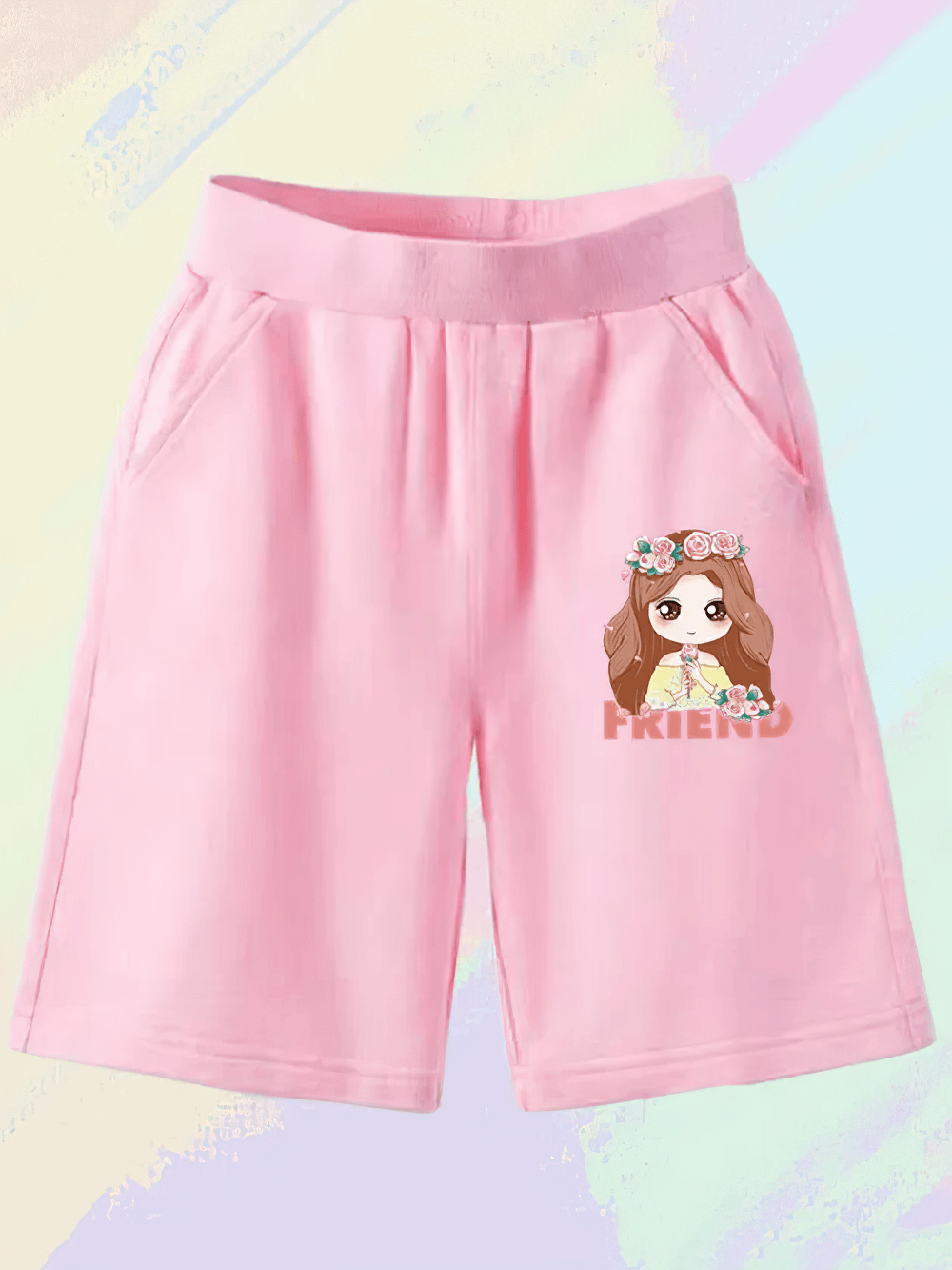Kids' Cartoon Shorts with Pocket Detail - SF3833 in pink featuring cute character print and elastic drawstring waistband for trendy look