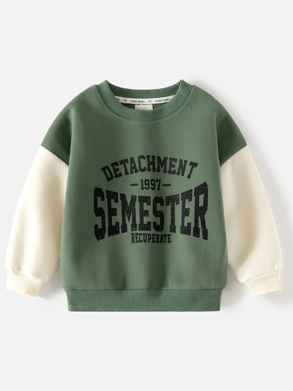 Kid's casual detachment semester sweatshirt in green with sporty slogan print and beige sleeves. Perfect for active days.