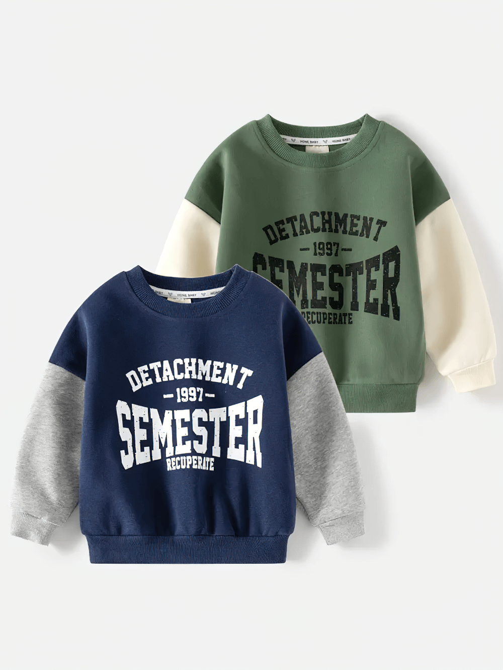 Kid's Casual Detachment Semester Sweatshirt SF3094 in blue and green, with bold print and color block design, perfect for trendy kids.
