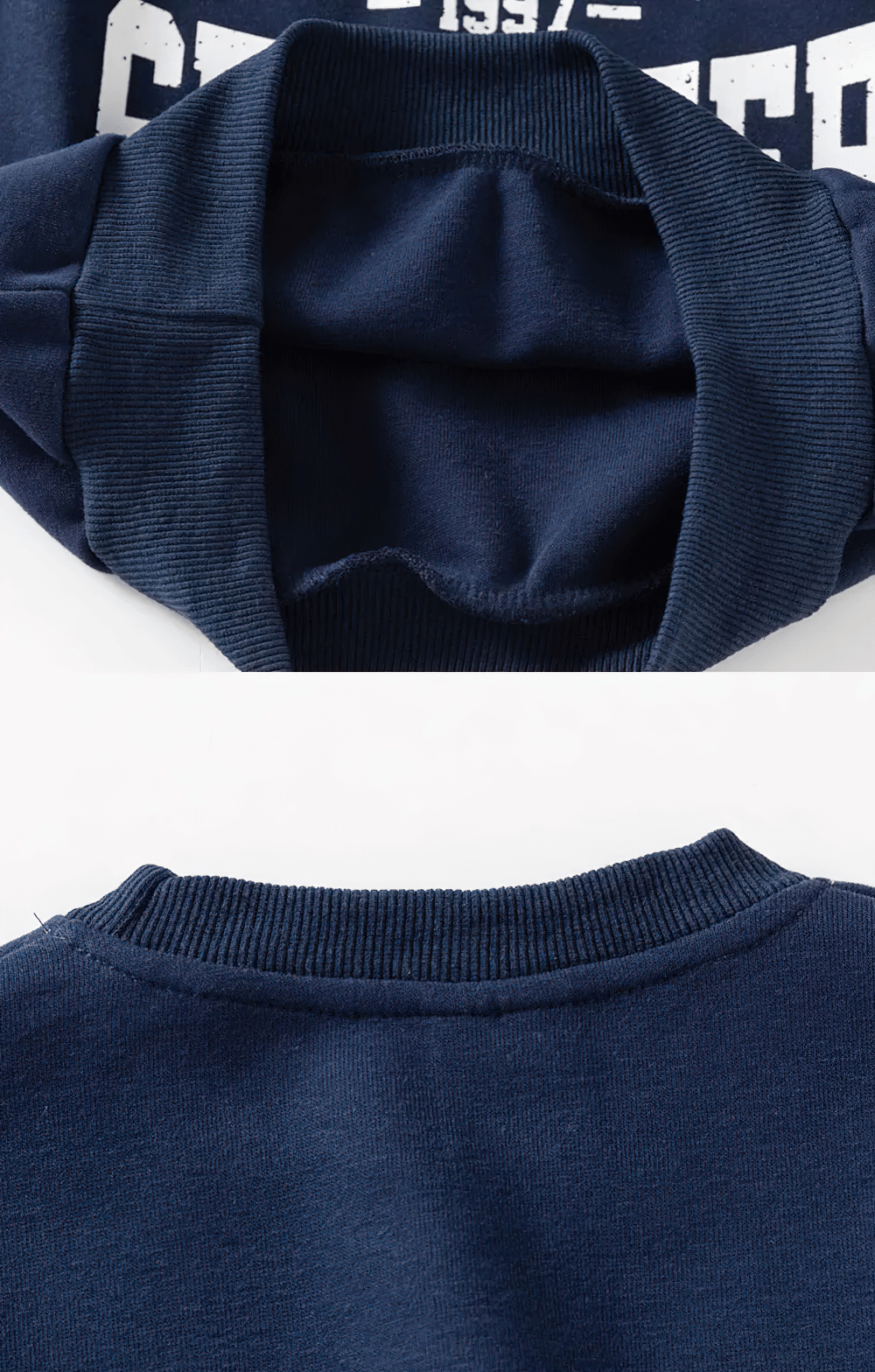 Close-up view of Kid's Casual Detachment Sweatshirt neckline and fabric texture, featuring bold printed slogan in navy blue cotton.