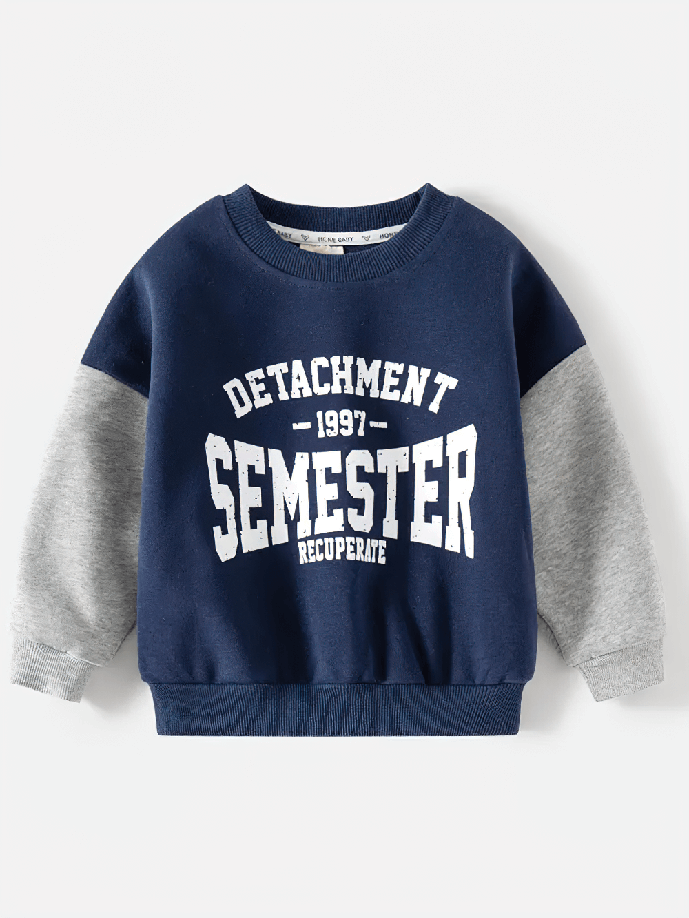 Kid's casual detachment semester sweatshirt SF3094 in navy and gray with bold white lettering, sporty stylish design for active wear.