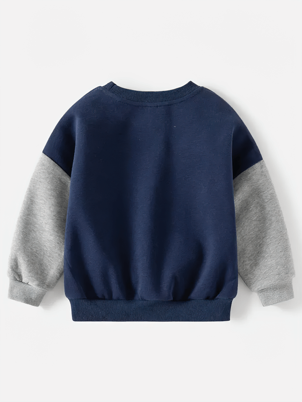 Kid's casual sweatshirt in navy with grey color block sleeves, perfect for active days. Soft cotton fabric offers comfort and style.