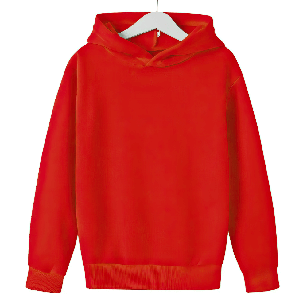 Bright red kids casual pullover hoodie for everyday wear, product code SF3092, hanging on a hanger, showcasing front view.