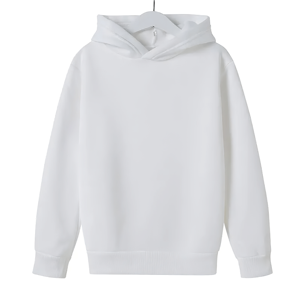 Crisp white kids casual pullover hoodie, perfect for everyday wear, hanging on a hanger. Model SF3092.