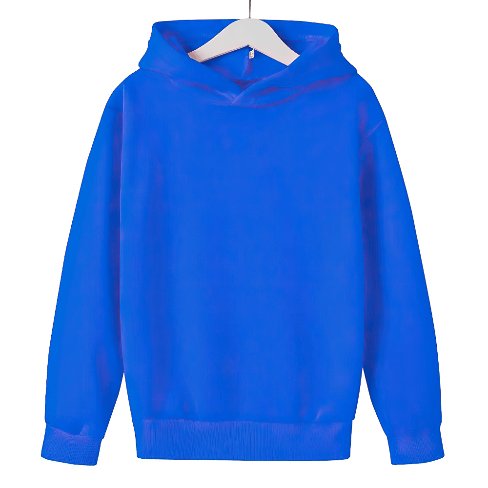 Vibrant blue kids casual pullover hoodie hanging on a hanger, perfect for everyday wear - Model SF3092.