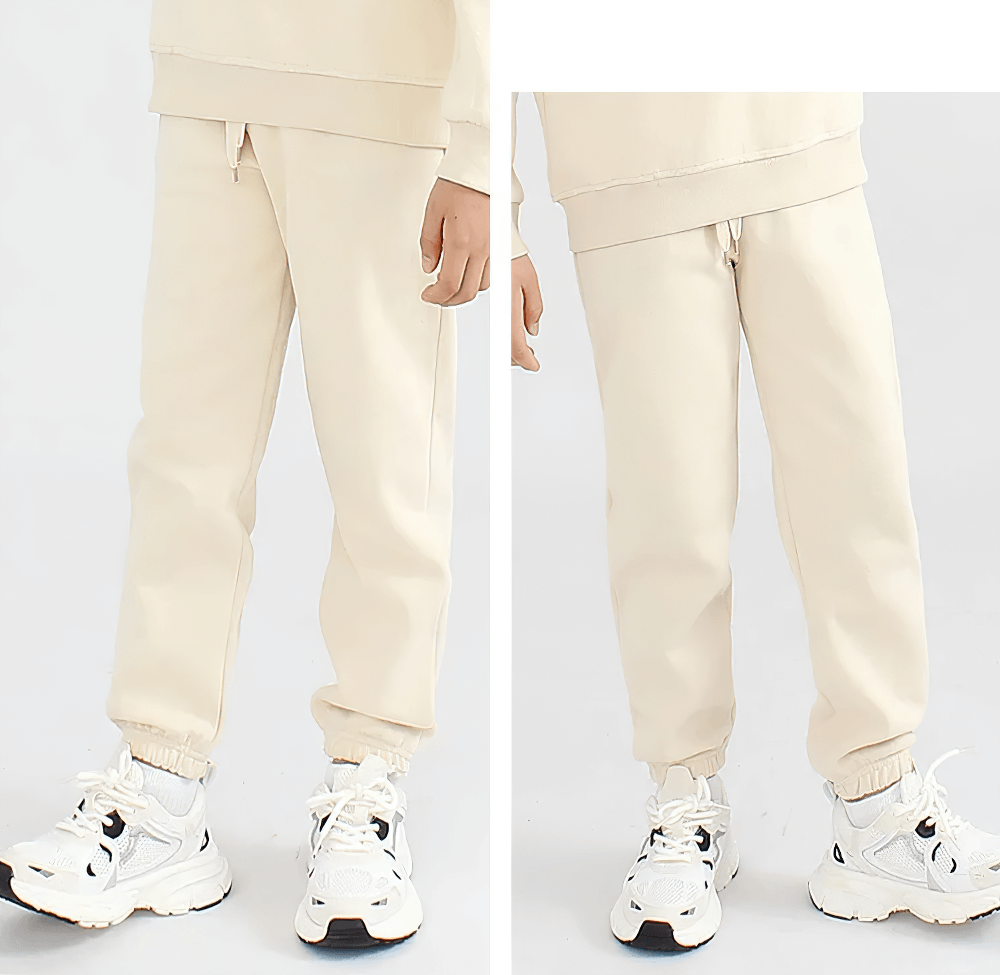 Kids Casual Sports Jogger Pants with Pockets - SF3612 in cream color, featuring drawstring waist, side pockets, and stylish stitching.