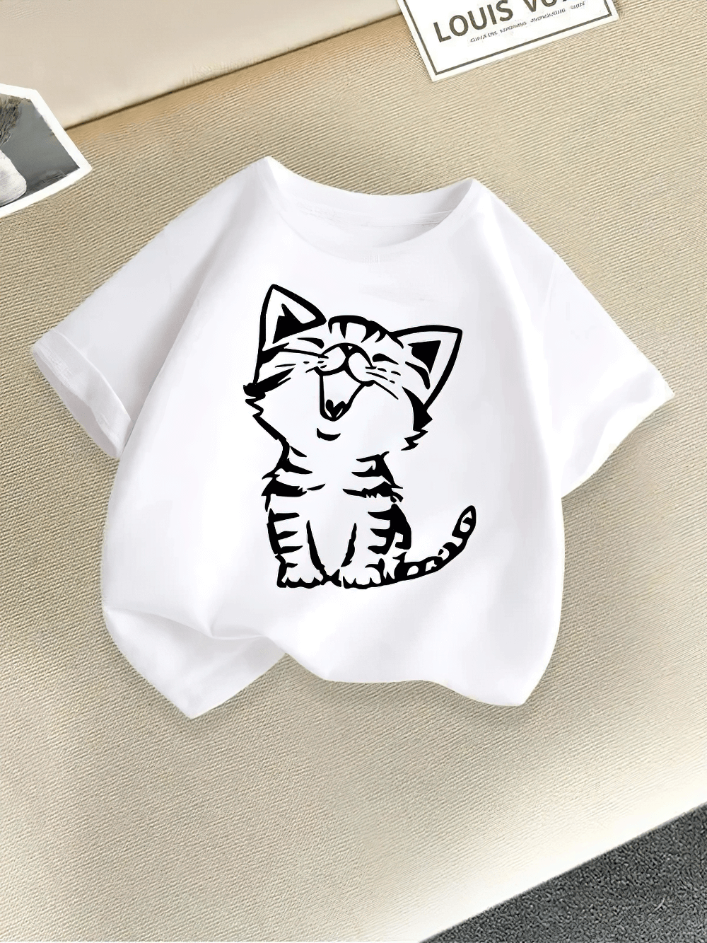 Kids Cat Print Short Sleeve T-Shirt in Candy Colors - SF3869 with cute cat graphic, perfect for summer wear.