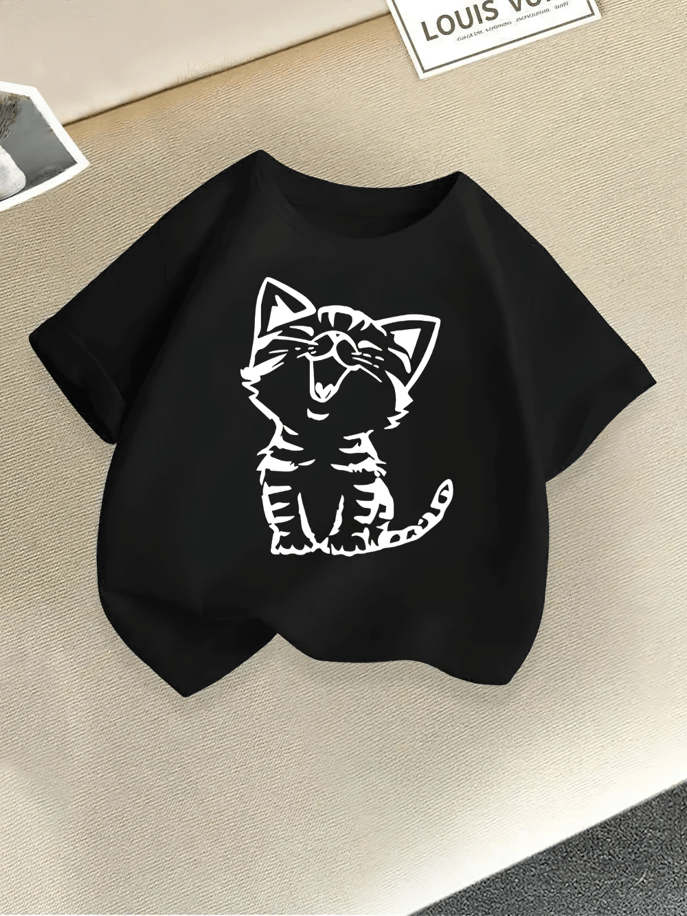 Kids Cat Print Short Sleeve T-Shirt in Candy Colors - SF3869, featuring a cute cat graphic, perfect for playful summer wear.