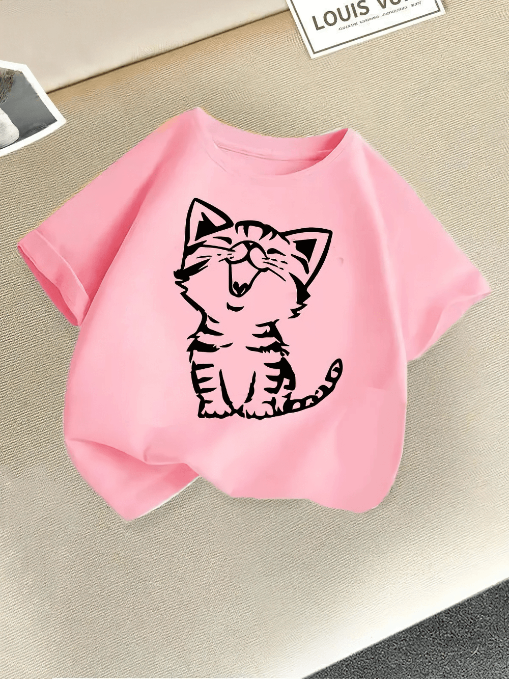Kids Cat Print Short Sleeve T-Shirt in Candy Colors - SF3869 featuring cute cat graphic on pink tee perfect for summer wear.