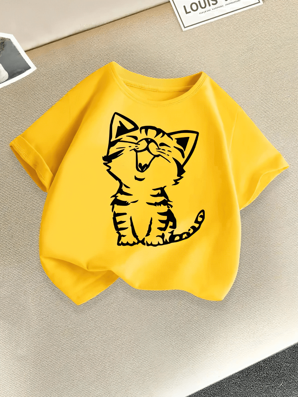 Kids Cat Print Short Sleeve T-Shirt in Candy Colors - SF3869, featuring a playful cat graphic on bright candy-colored fabric.