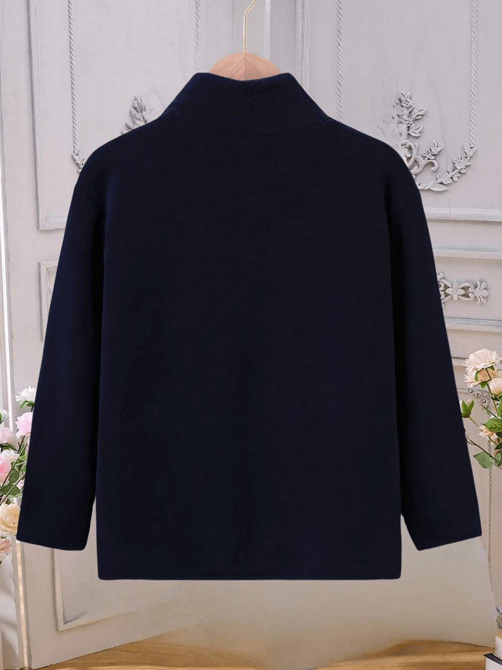 Kids Color Block Fleece Jacket with Stand Collar - SF3858, back view, navy, hanging on a wooden hanger in elegant room.