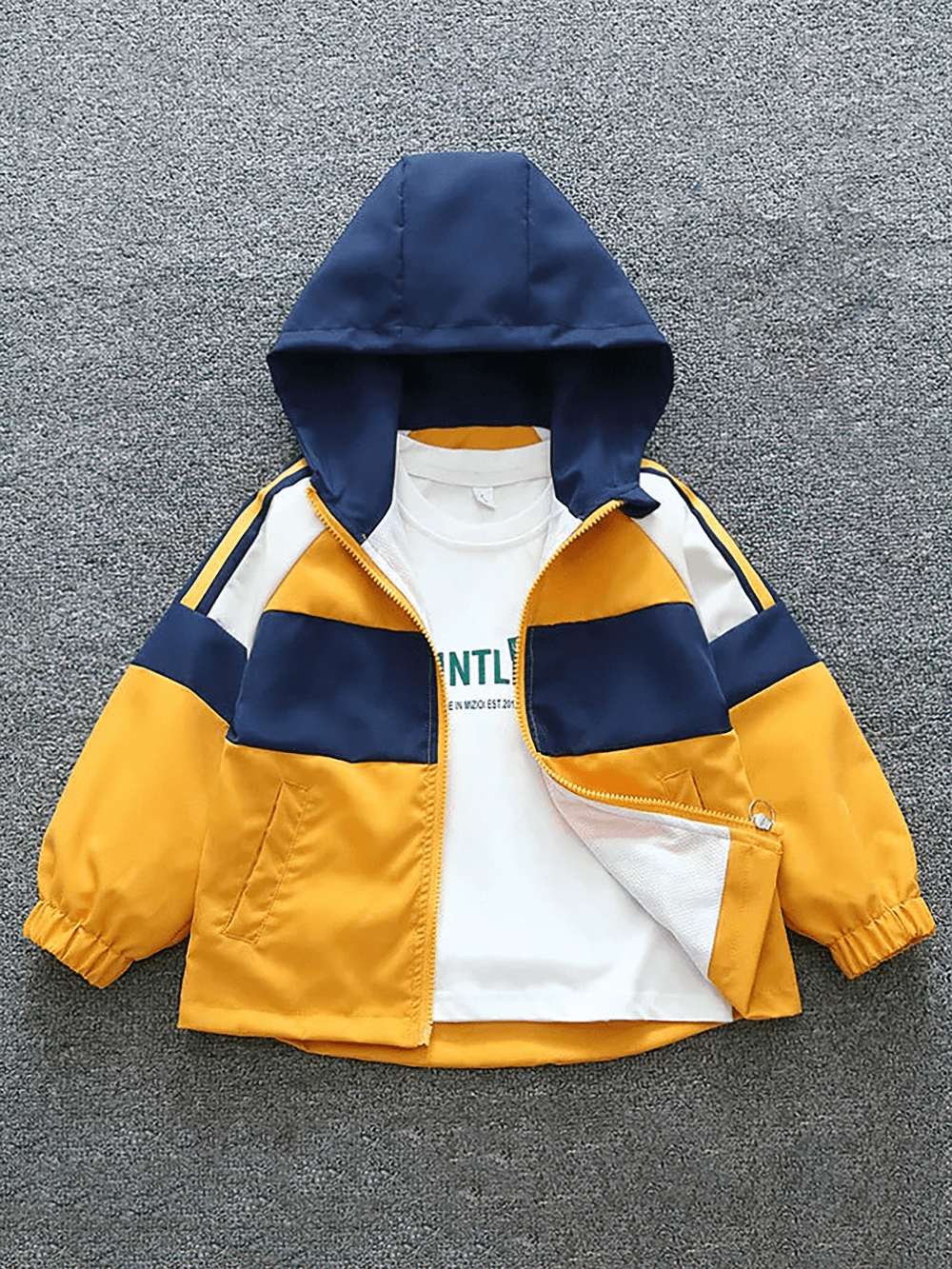 Kids colorblock windbreaker jacket in yellow/navy with hood and zipper, perfect for outdoor play and protection from wind and rain.