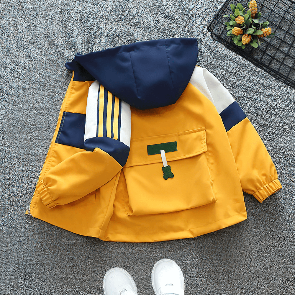 Kids yellow navy colorblock hooded windbreaker jacket with front zipper and elastic cuffs, perfect for outdoor activities. SF3127