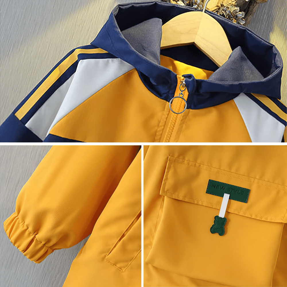 Yellow and navy kids' colorblock hooded windbreaker jacket with zipper, elastic cuffs, and pocket details, perfect for outdoor play.