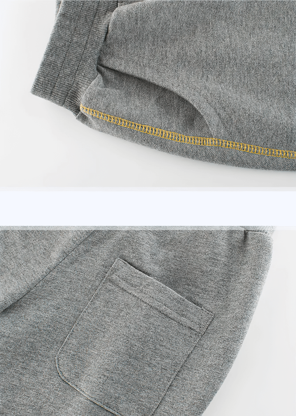 Close-up of grey Kids Cotton Jogger Pants with Contrast Cuffs - SF4014 showing yellow accented pocket and stitched panels.
