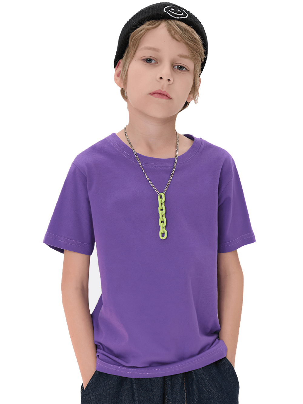 Child wearing a vibrant purple cotton O-neck short-sleeved T-shirt and a black beanie, showcasing casual style for kids.