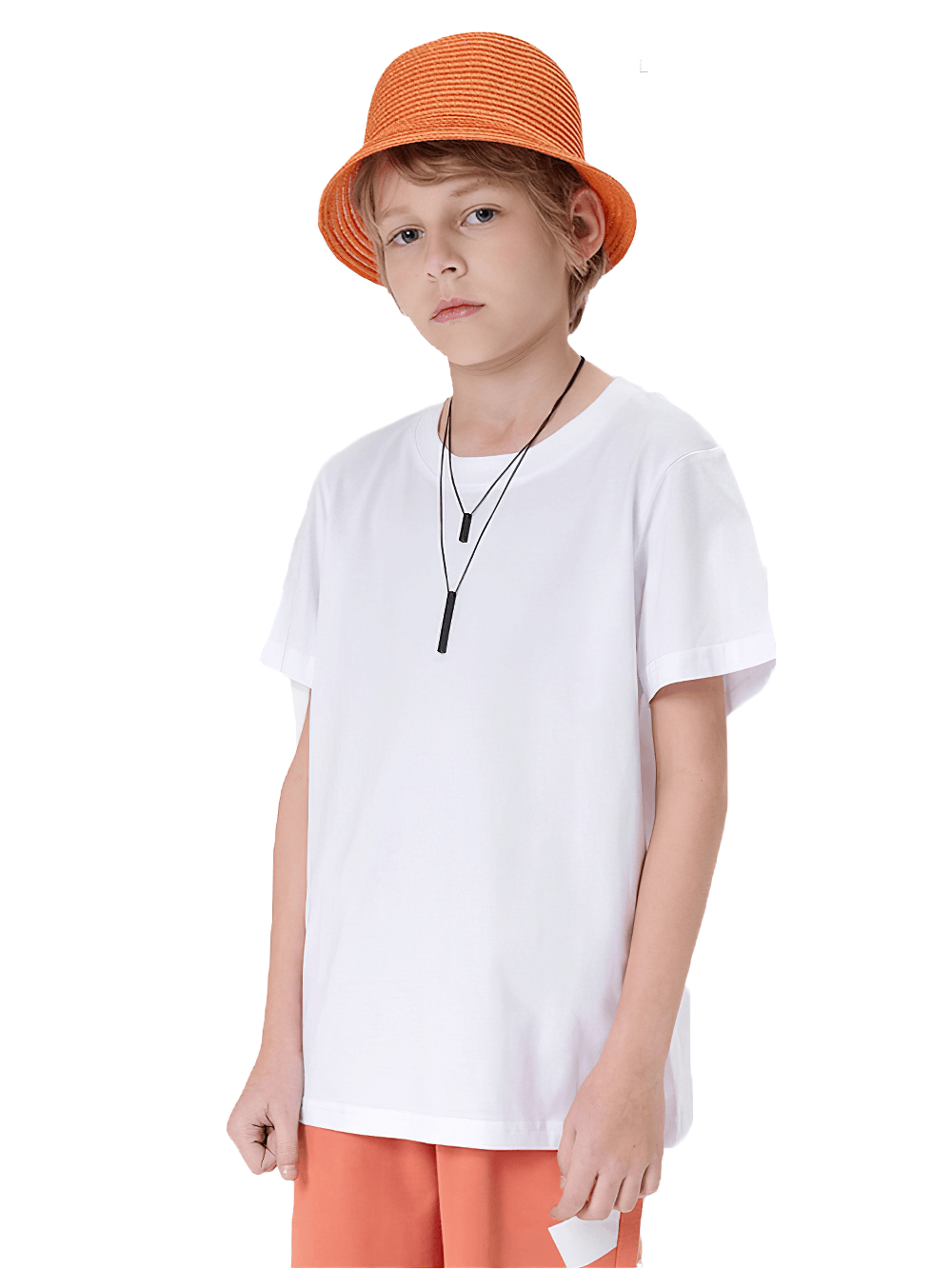 Child wearing a white cotton O-neck short-sleeve T-shirt, styled with an orange hat, perfect for casual everyday wear.