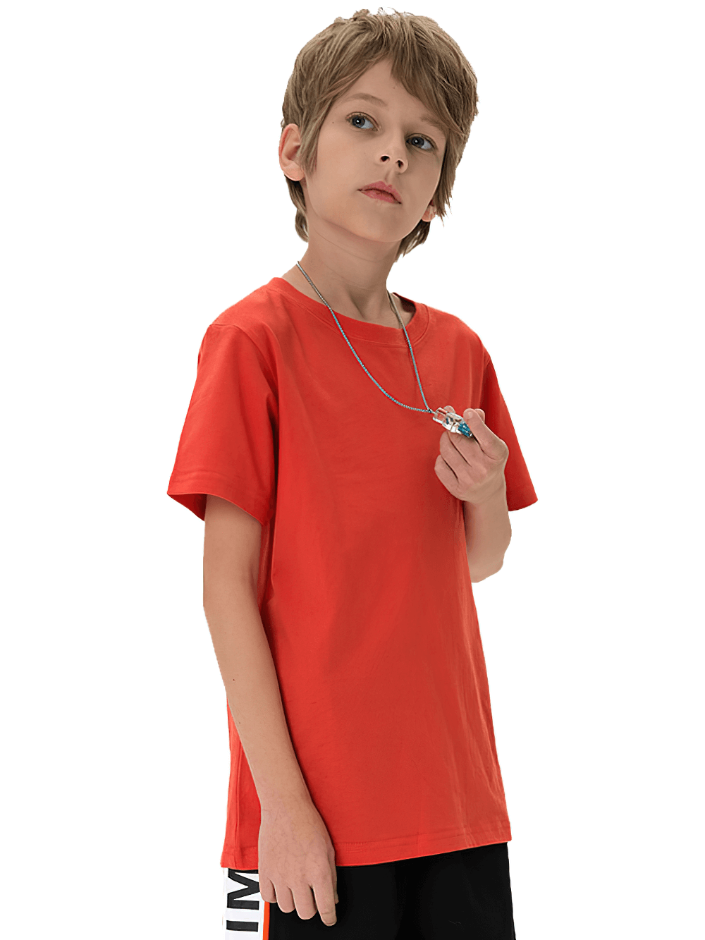 Child wearing a vibrant red cotton O-neck short-sleeve T-shirt, perfect for everyday casual wear and layering. Ideal for boys and girls.