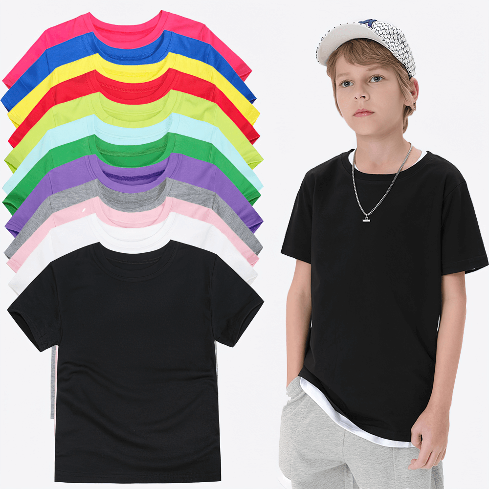 Unisex cotton O-neck T-shirts in vibrant colors displayed with child wearing black shirt, ideal for kids' casual and everyday wear.