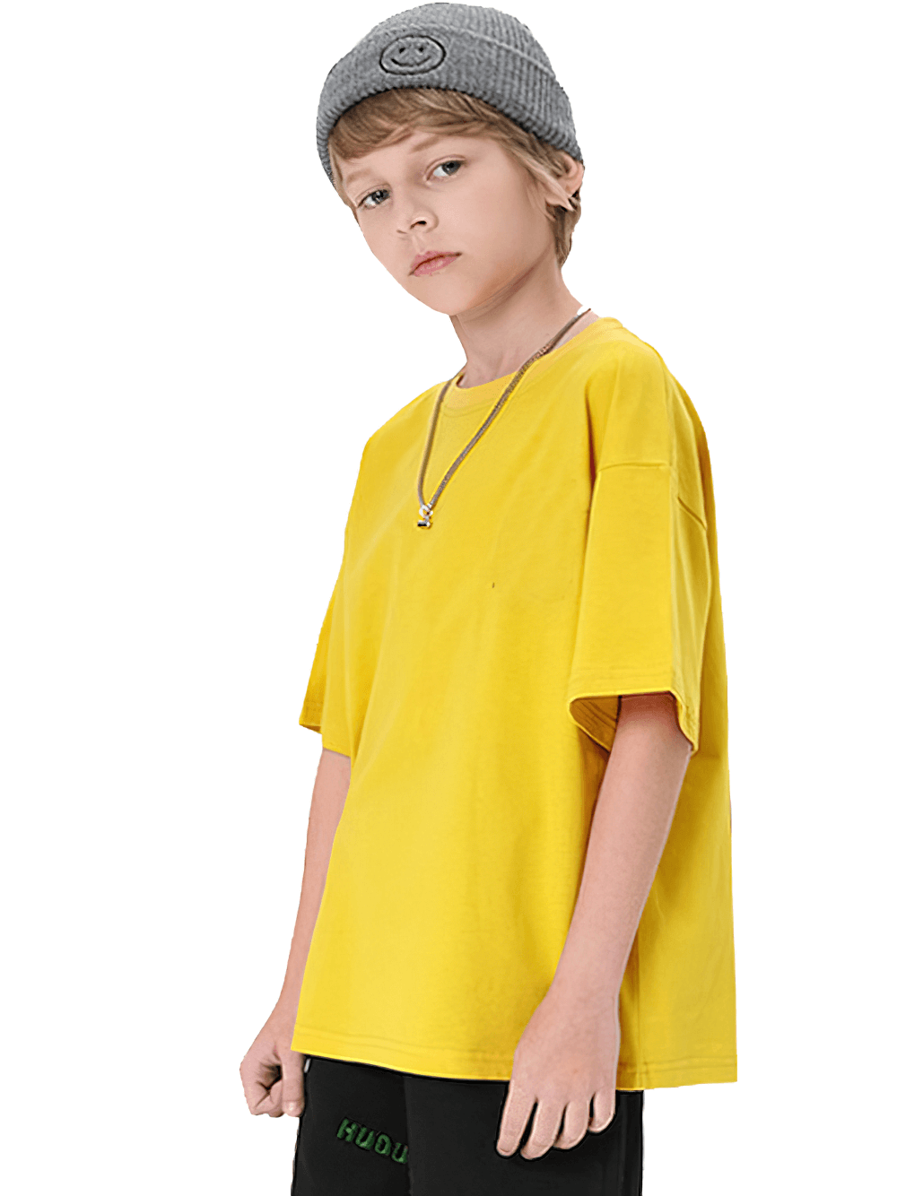 Kid wearing yellow short-sleeved cotton T-shirt with O-neck, unisex style, perfect for casual wear, shown with gray beanie and necklace.