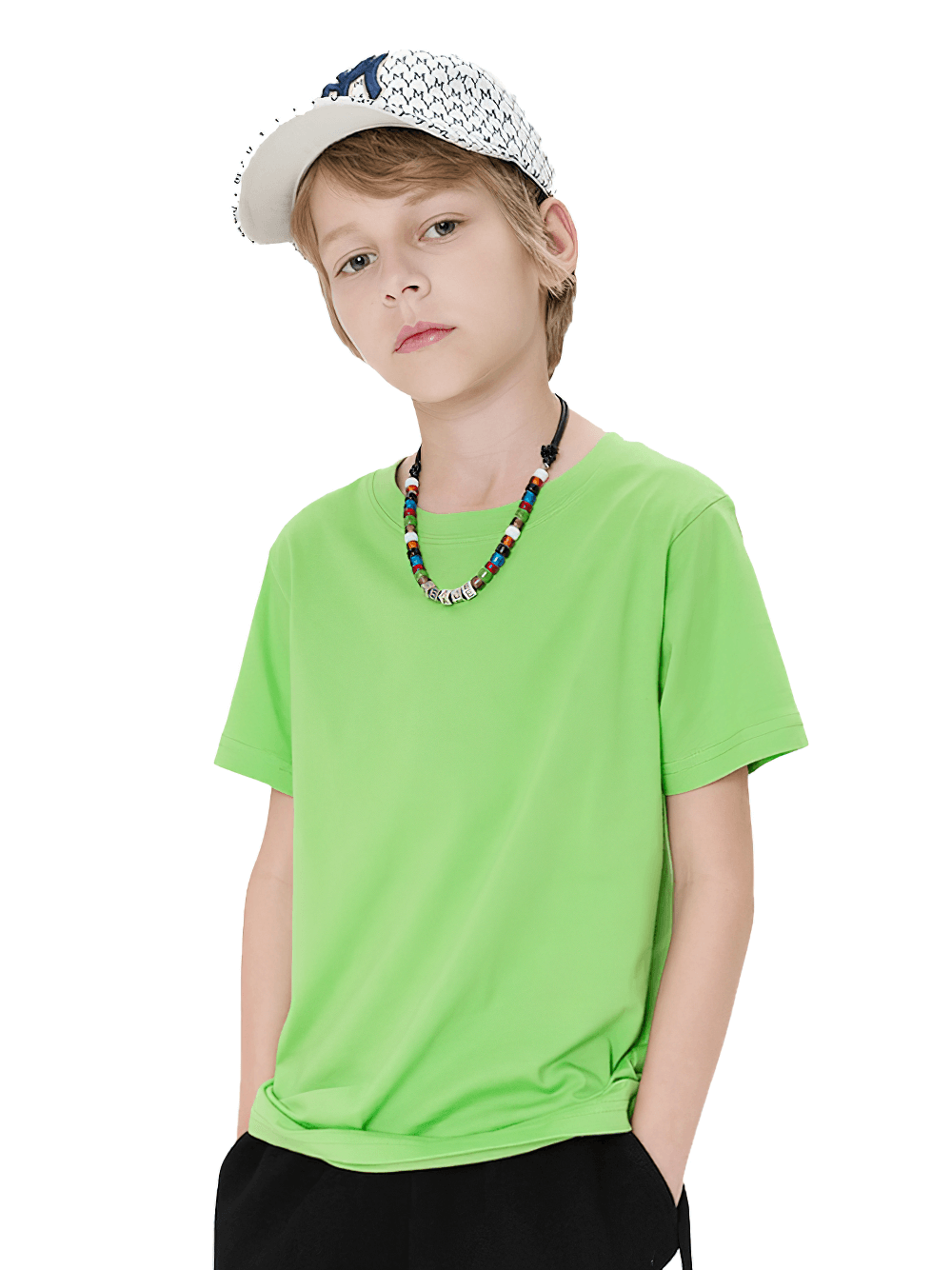 Child wearing a vibrant green cotton O-neck short-sleeved T-shirt, accessorized with a colorful necklace and a white cap for a playful look.