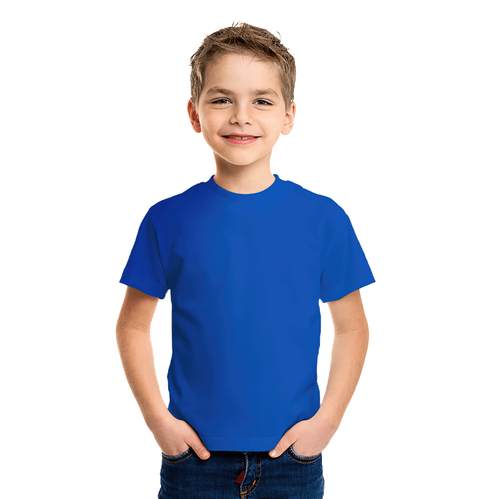 Boy wearing a vibrant blue short-sleeve kids' cotton T-shirt, perfect for casual wear or school, showing off the classic O-neck design.