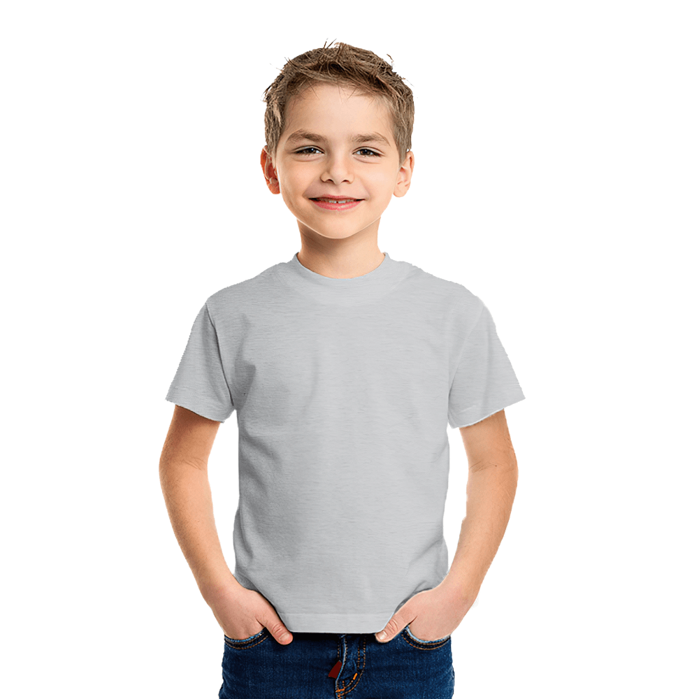 Young boy wearing a kids cotton O-neck short-sleeved T-shirt in grey. Comfortable, casual, and colorful choice for boys and girls.