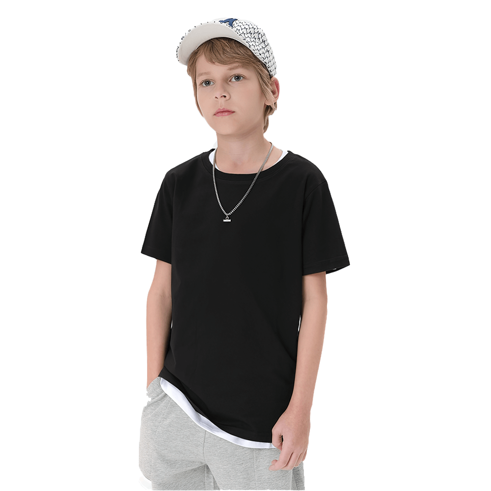 Young boy wearing a Kids Cotton O-Neck Short-Sleeved T-Shirt SF3124 in black, showcasing casual unisex style with a relaxed fit.