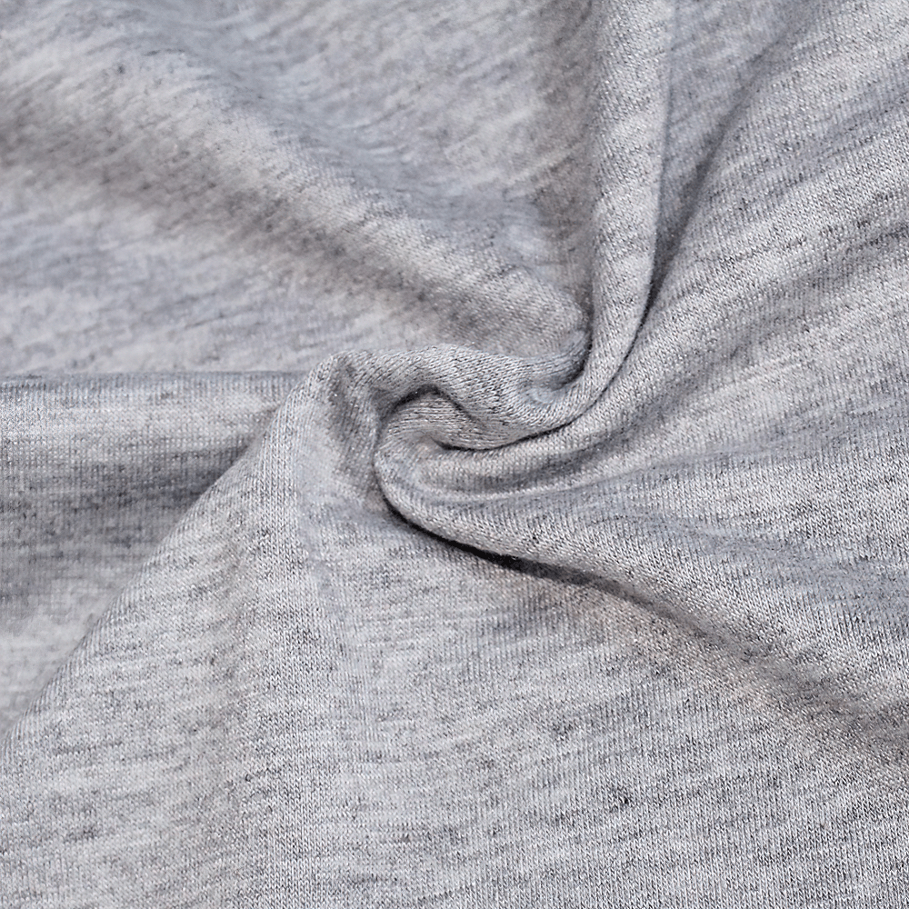 Close-up of grey cotton fabric showing texture and weave, ideal for kids' casual O-neck T-shirts, breathable and comfortable.
