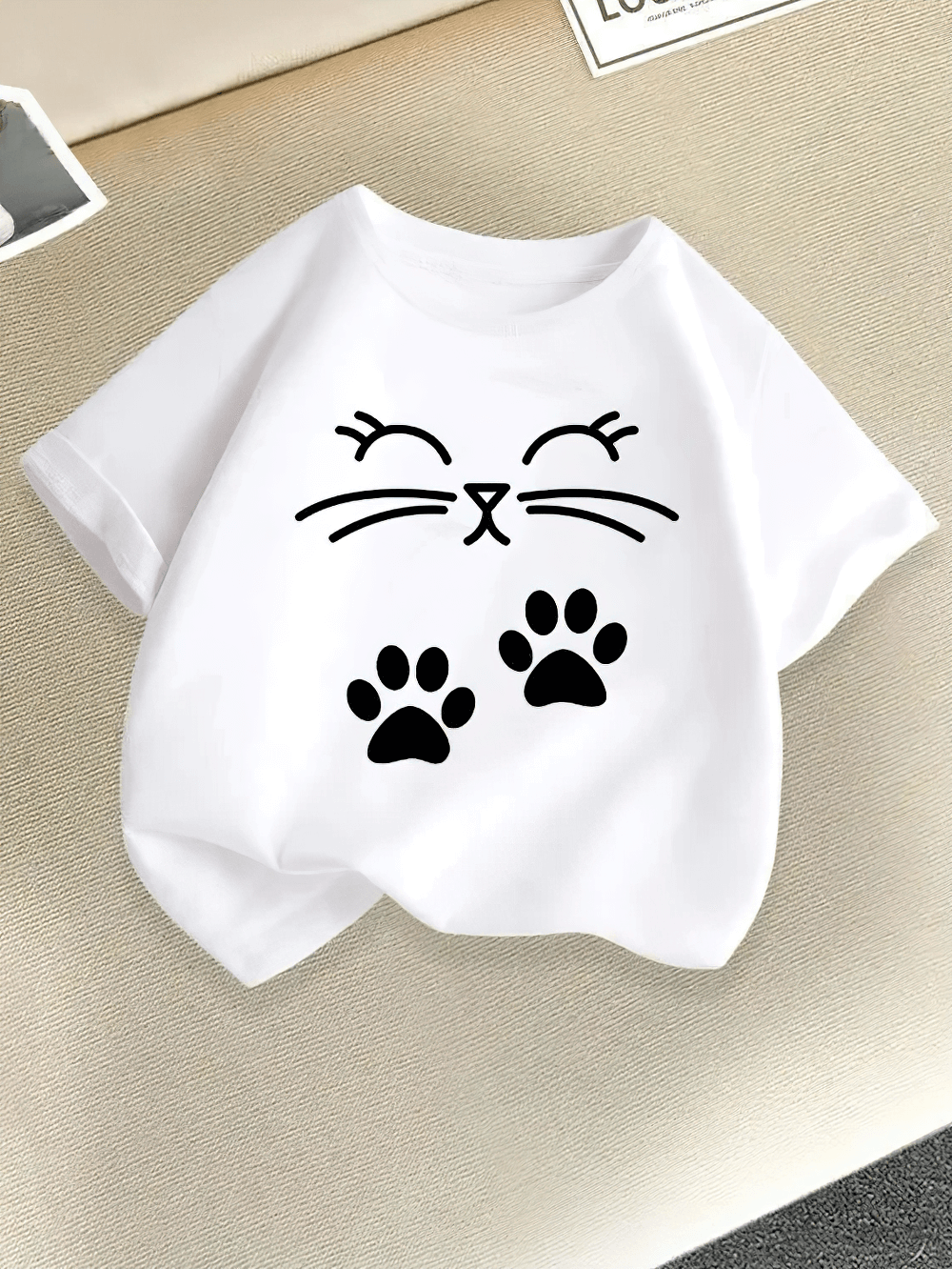 Kids Cute Cat Print Short-Sleeved T-Shirt - SF3867 with cartoon kitty face and paw prints, ideal for casual outfits and warm weather.