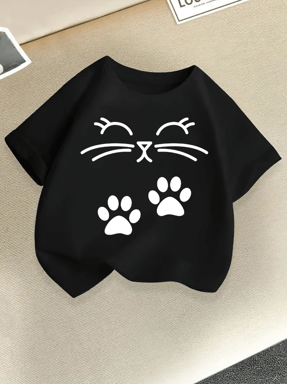 Kids Cute Cat Print Short-Sleeved T-Shirt - SF3867 in black with playful cartoon kitty graphic and paw prints, ideal for kids' daily wear.