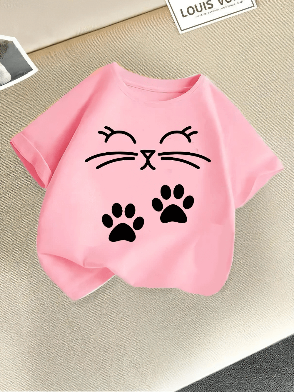 Kids Cute Cat Print Short-Sleeved T-Shirt - SF3867 with pink kitty face and paw prints design, ideal for children's daily wear and play.