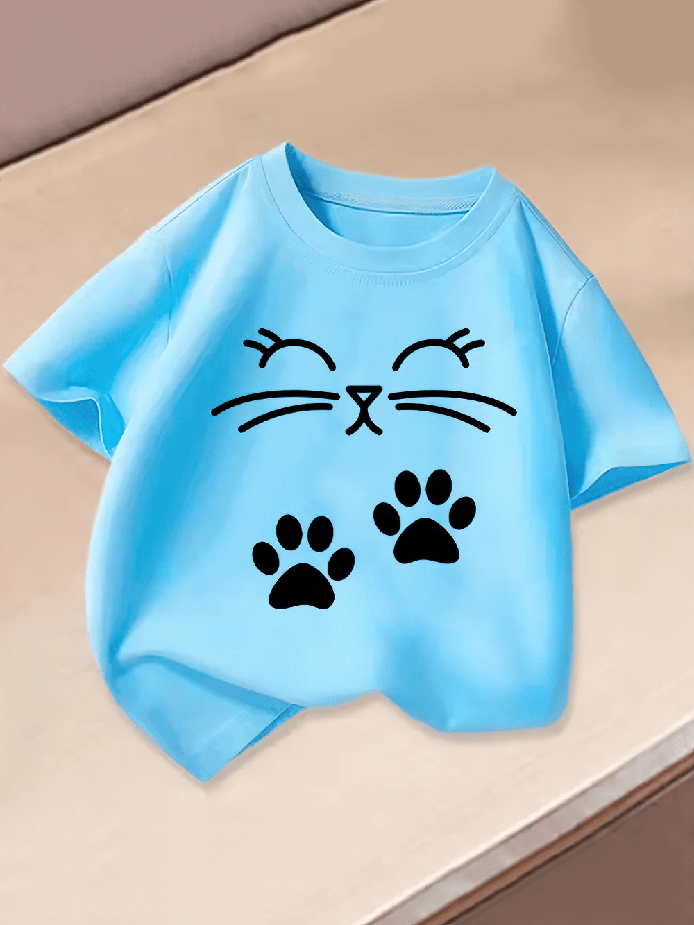 Kids Cute Cat Print Short-Sleeved T-Shirt - SF3867 with cartoon kitty face and paw prints on light blue fabric