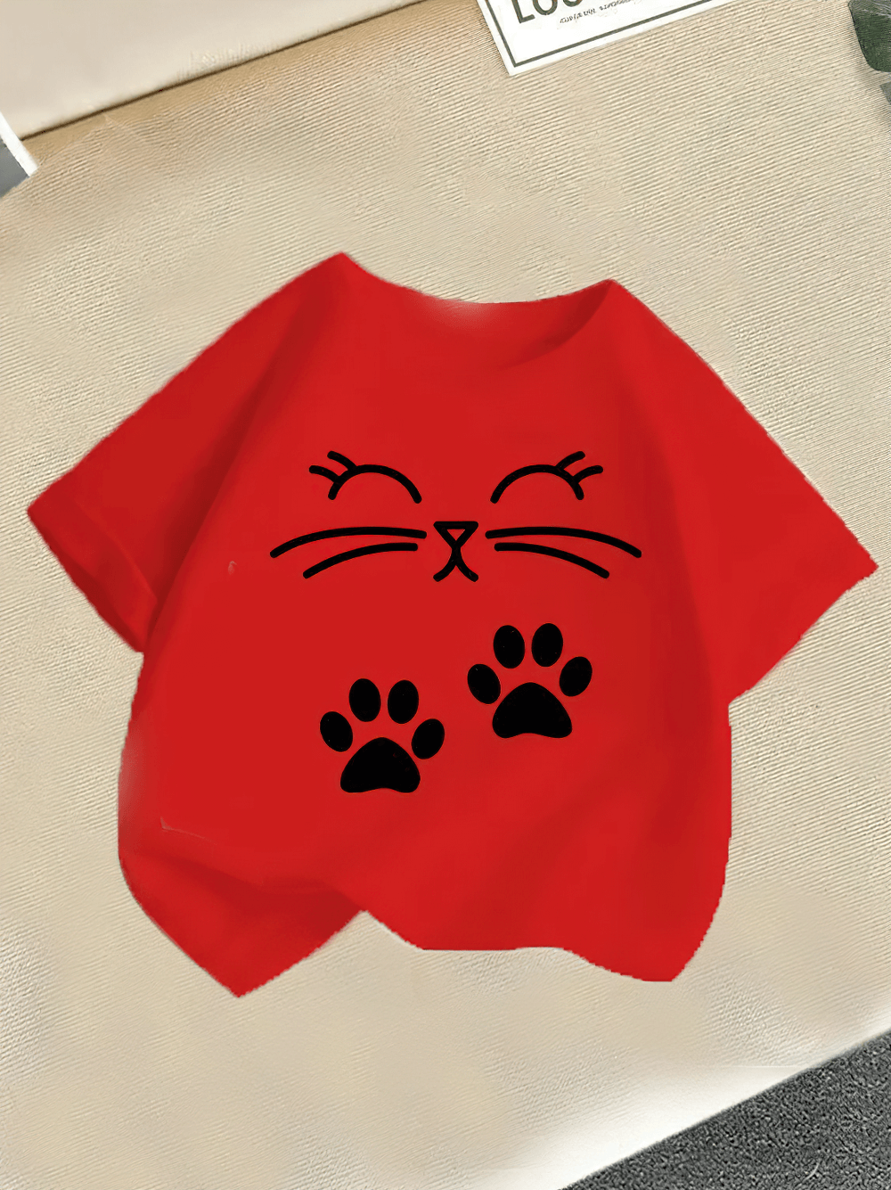 Kids Cute Cat Print Short-Sleeved T-Shirt - SF3867 with cat face and paw print graphic on a red shirt.