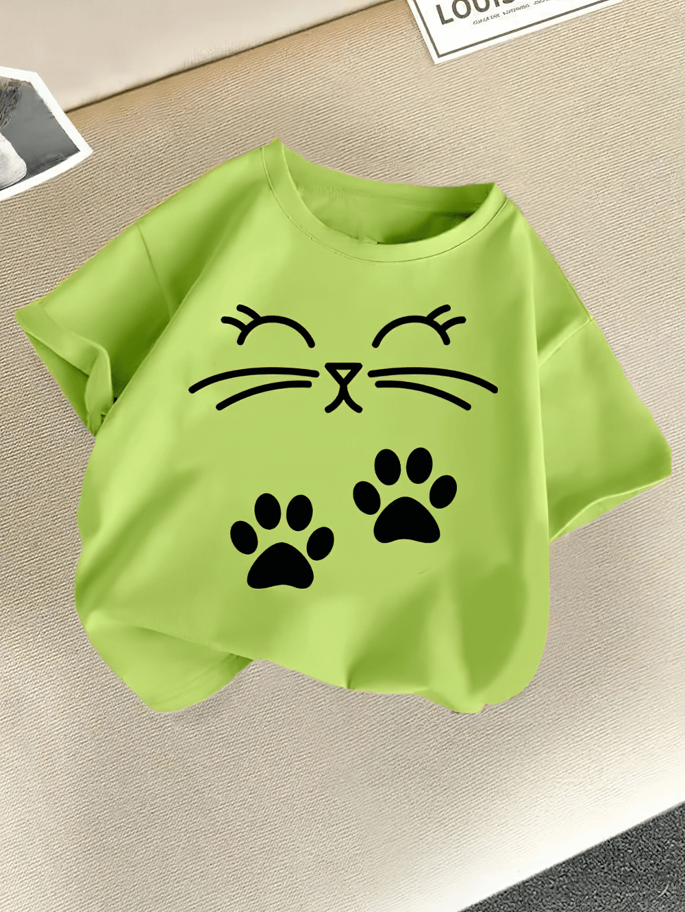 Kids Cute Cat Print Short-Sleeved T-Shirt - SF3867 with cartoon kitty face and paw prints, perfect for playful and casual wear.